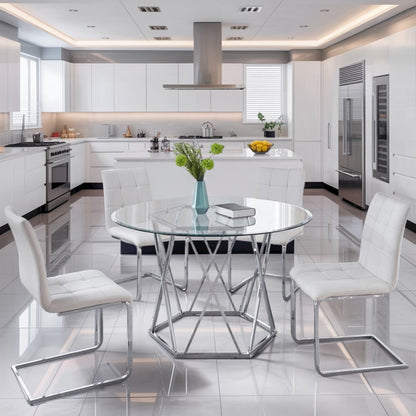 White 5 Piece Glass Top Dining Table Set with 4 Upholstered Chairs for Dining