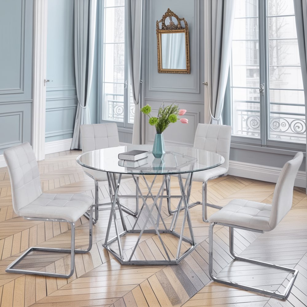 White 5 Piece Glass Top Dining Table Set with 4 Upholstered Chairs for Dining
