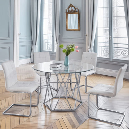 White 5 Piece Glass Top Dining Table Set with 4 Upholstered Chairs for Dining