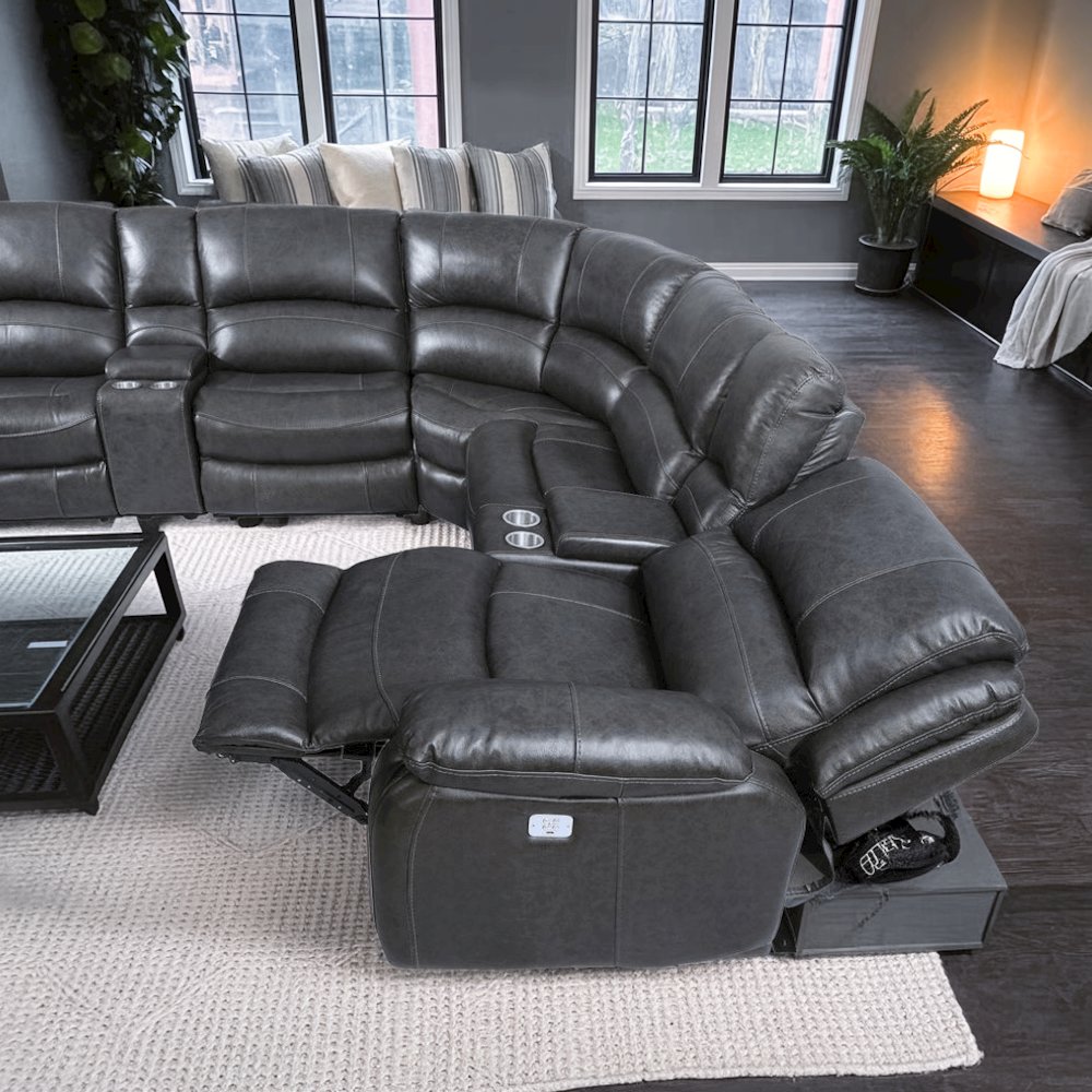 Charcoal Leather Sectional with Power Recline, USB Ports, and L Shaped Couch