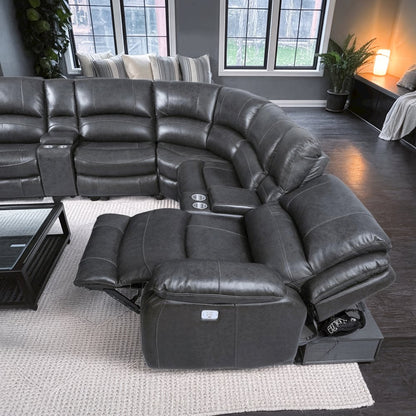 Charcoal Leather Sectional with Power Recline, USB Ports, and L Shaped Couch