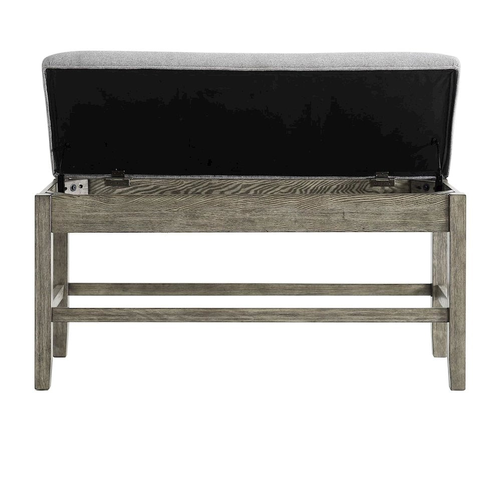 Storage Counter Bench, Thick Cushion, Gray Fabric, Refined Rustic Style