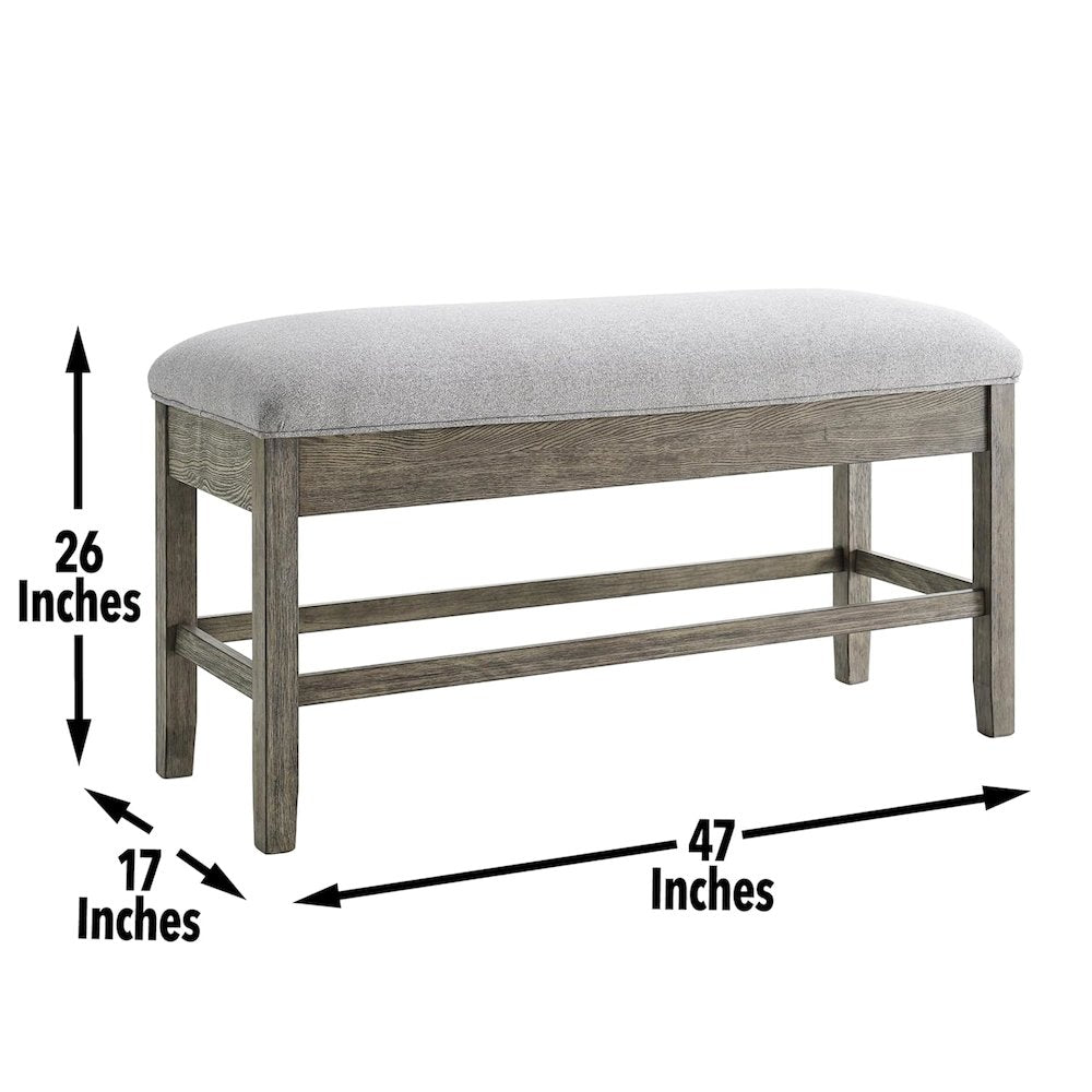 Storage Counter Bench, Thick Cushion, Gray Fabric, Refined Rustic Style