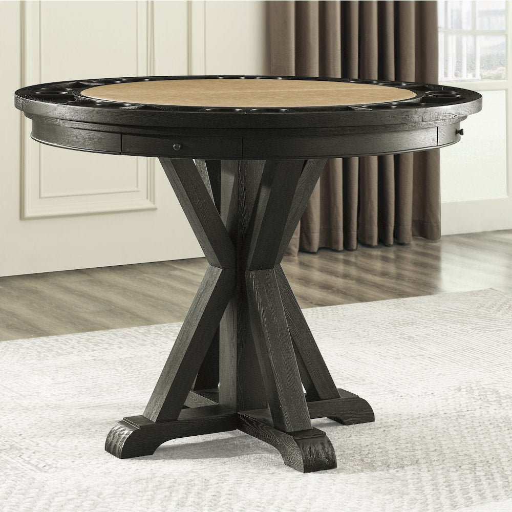 Rylie Dining Table with Game Top, Black Finish with Sand Vegan Leather