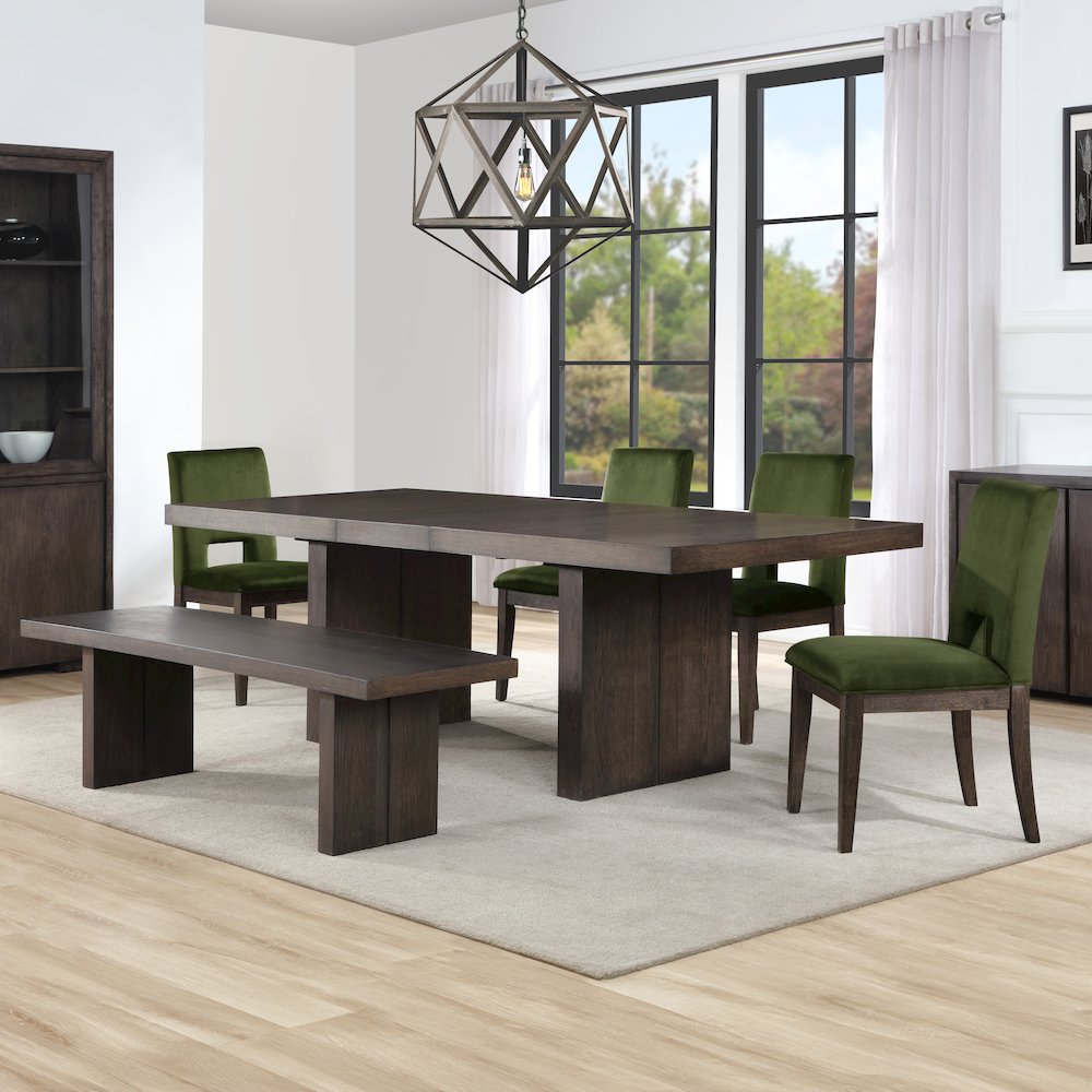 Evan 78-96-inch Dining Table w/18-inch Leaf, 4 Green Side Chairs, Bench