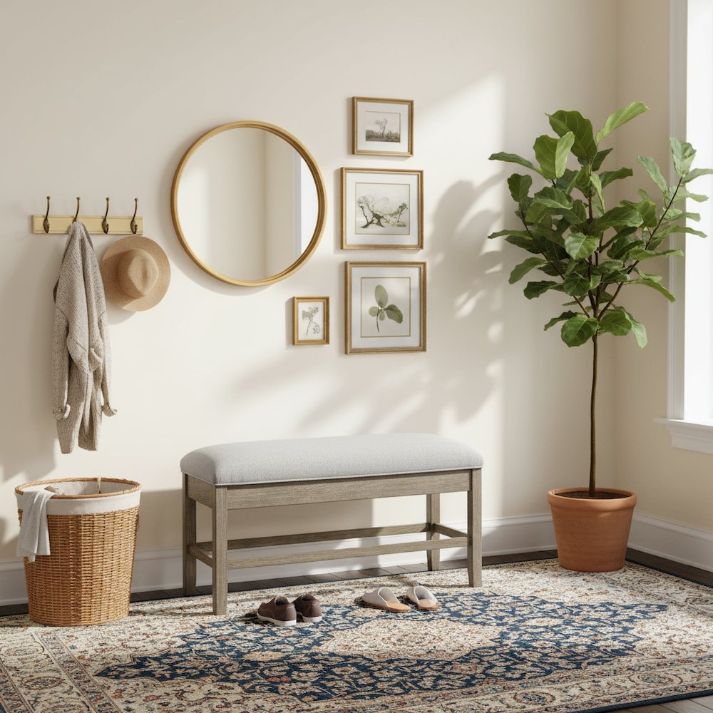 Storage Counter Bench, Thick Cushion, Gray Fabric, Refined Rustic Style