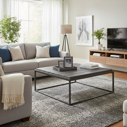 Square Coffee Table, 48 Inch, Plank Top, Dark Grey Iron Base