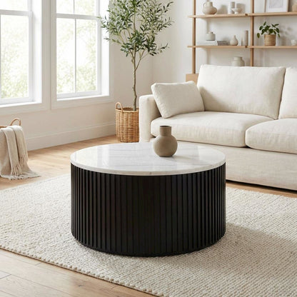 Round Black Coffee Table with White Marble Top and Casters MDF Iron Base