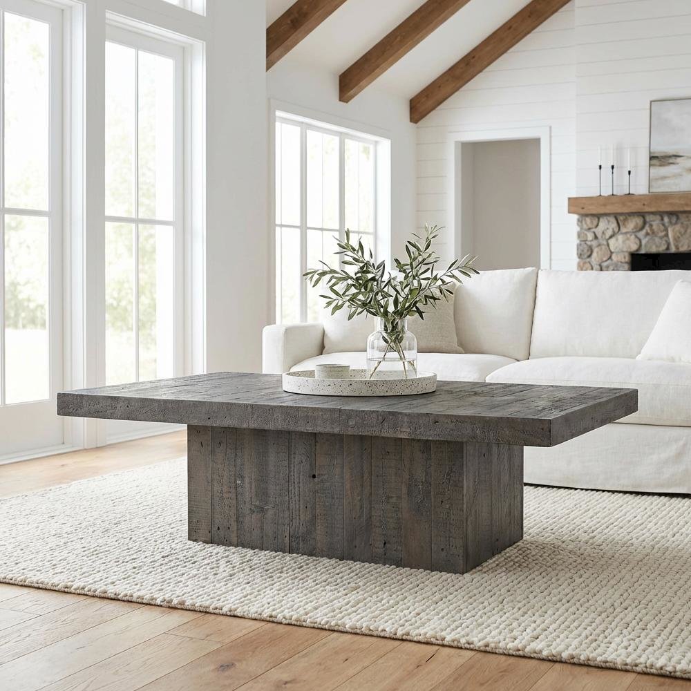 Gray Coffee Table with Pine and Iron Frame Durable Single Piece Design