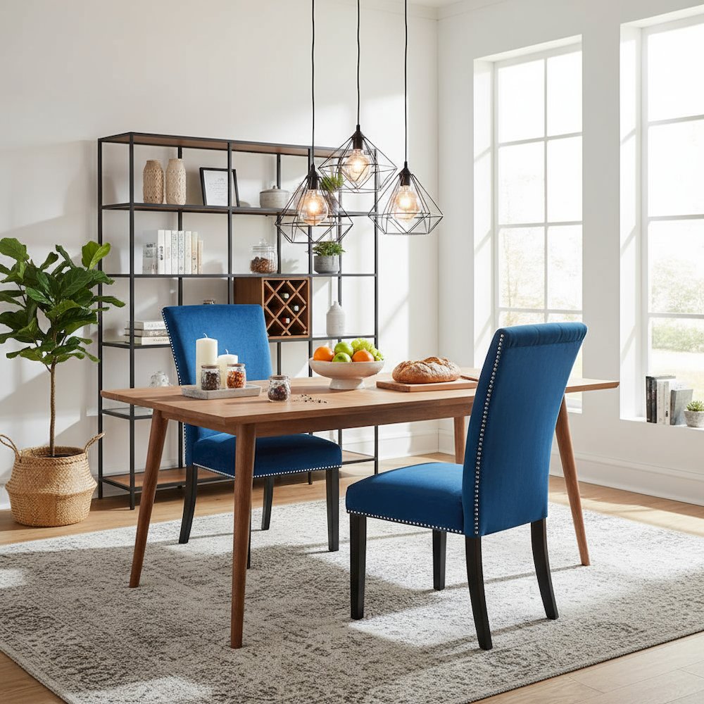 Blue Velvet Dining Chairs, Silver Nailheads, Set of 2