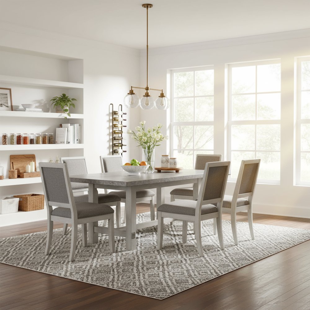 Marble Top Dining Set, 78 Inch Table, Upholstered Chairs, 7 Pieces