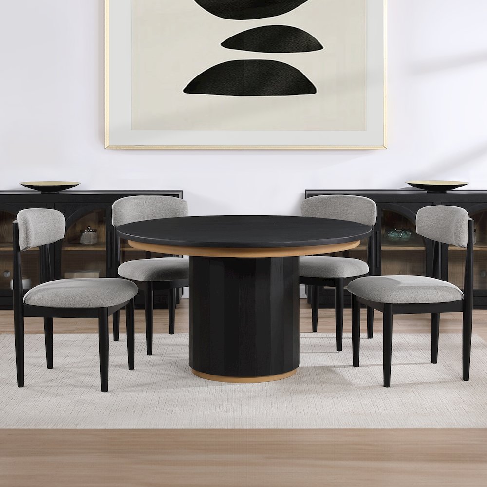 Magnolia 52-inch Round Dining Table & 4 Upholstered Side Chairs, Black Finish