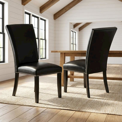 Faux Leather Upholstered Dining Chairs with Birch Legs, Black, Set of 2