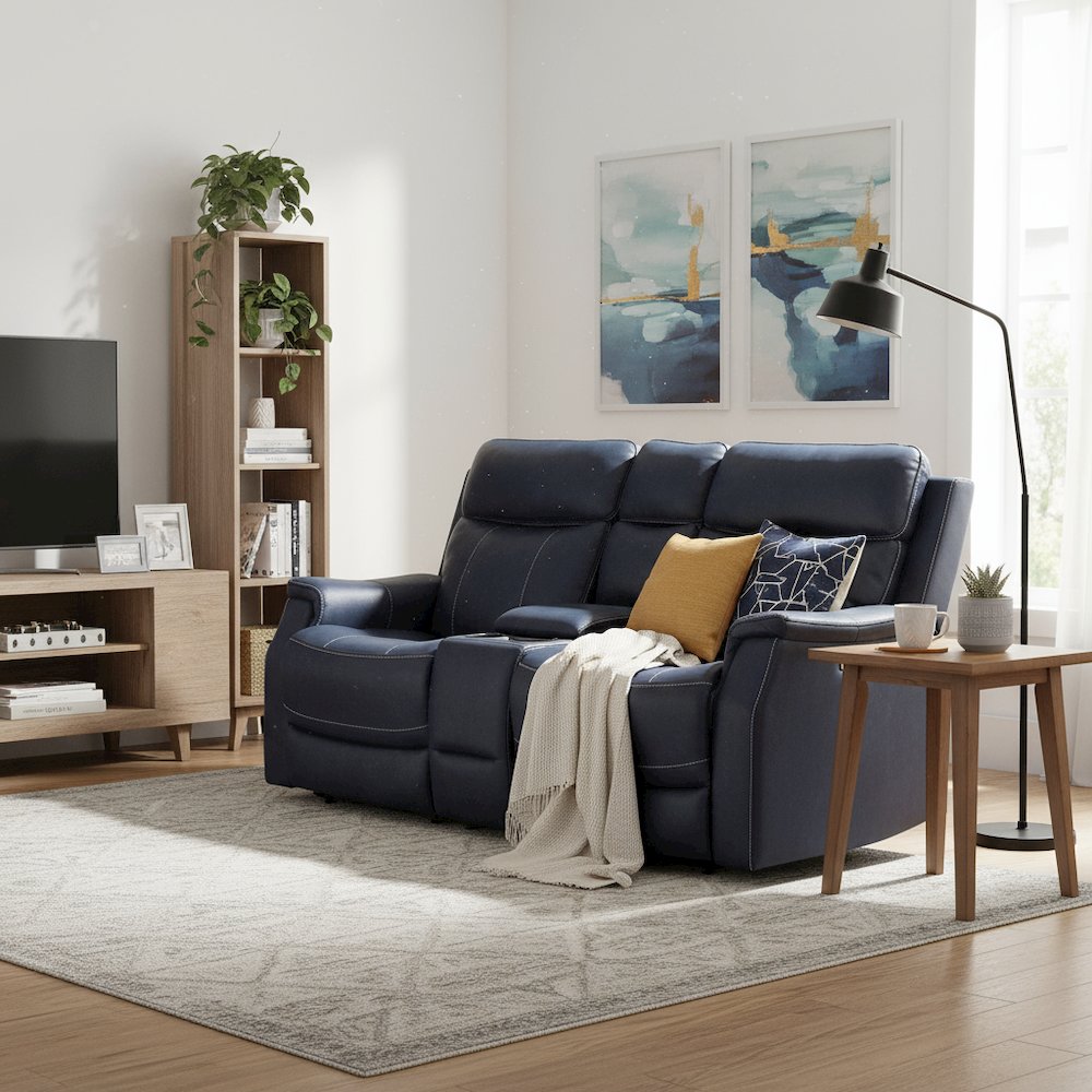 Dual Power Reclining Console Loveseat, Power Headrest, Ocean Blue