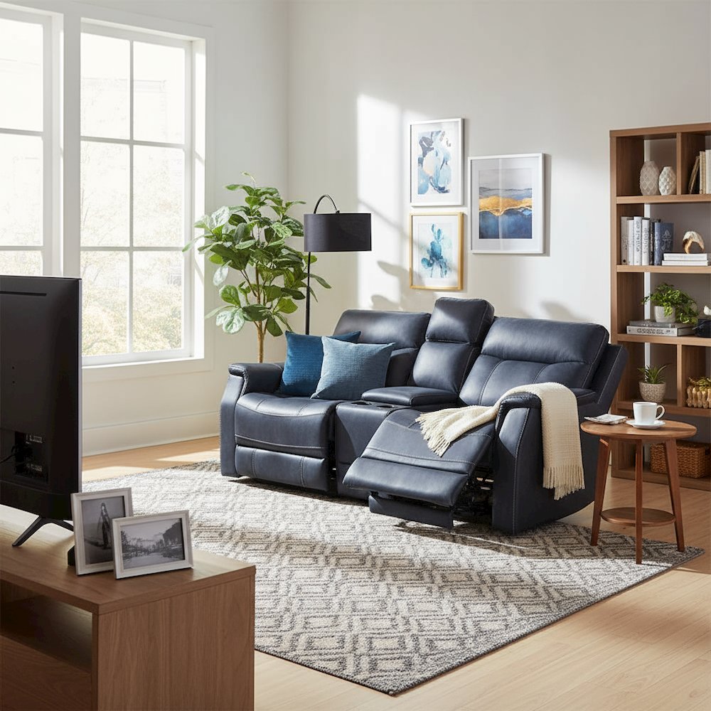 Dual Power Reclining Console Loveseat, Power Headrest, Ocean Blue