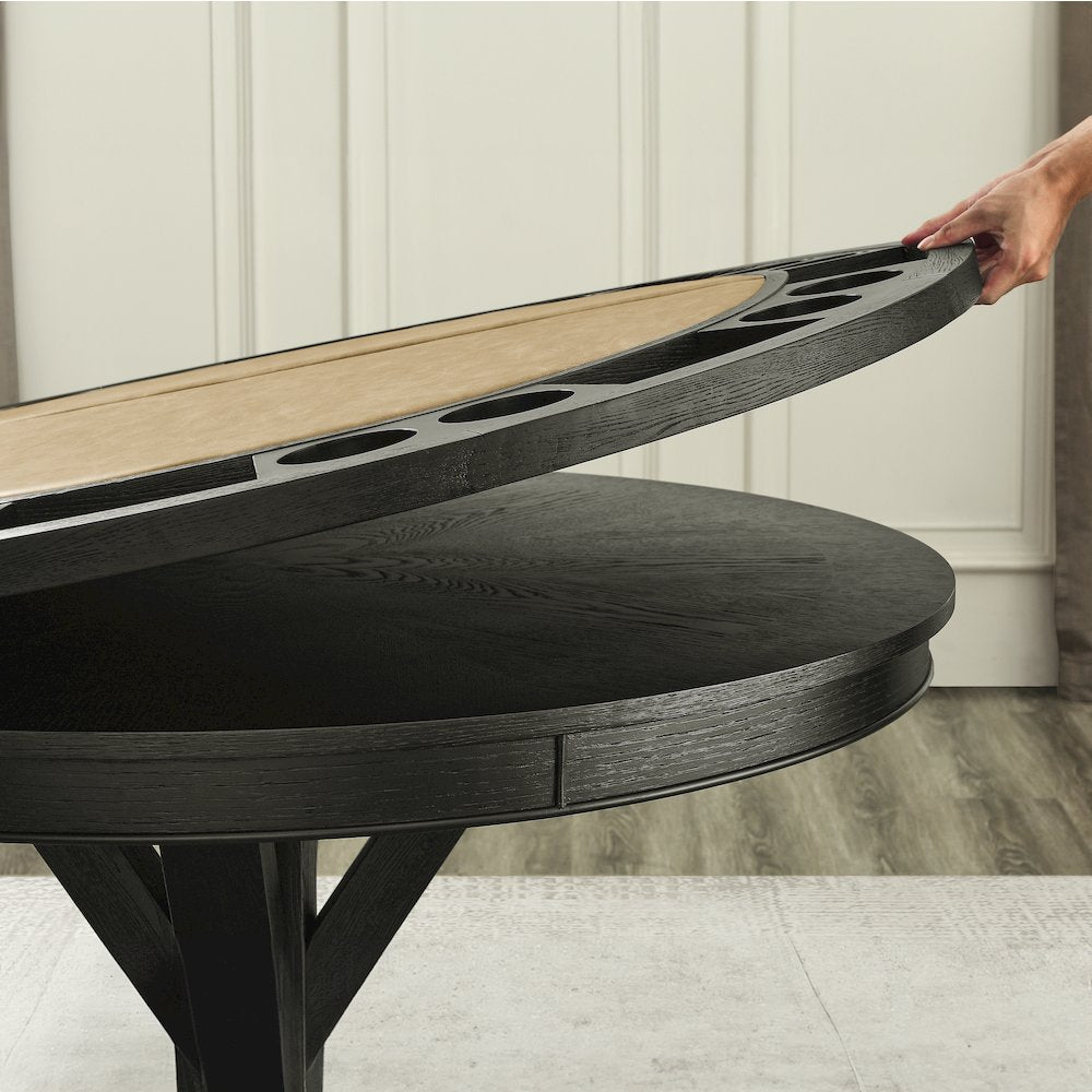 Rylie Dining Table with Game Top, Black Finish with Sand Vegan Leather