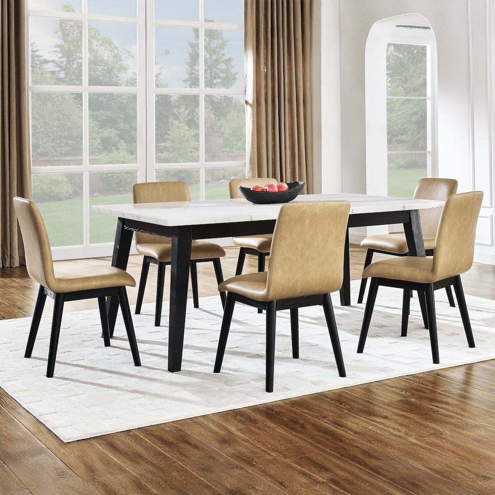 Vida 7-Piece White Marble Dining Set, Black Finish