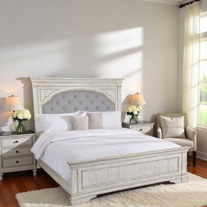 Rustic Ivory Queen Bed Frame with Upholstered Tufted Headboard and Panel Trim