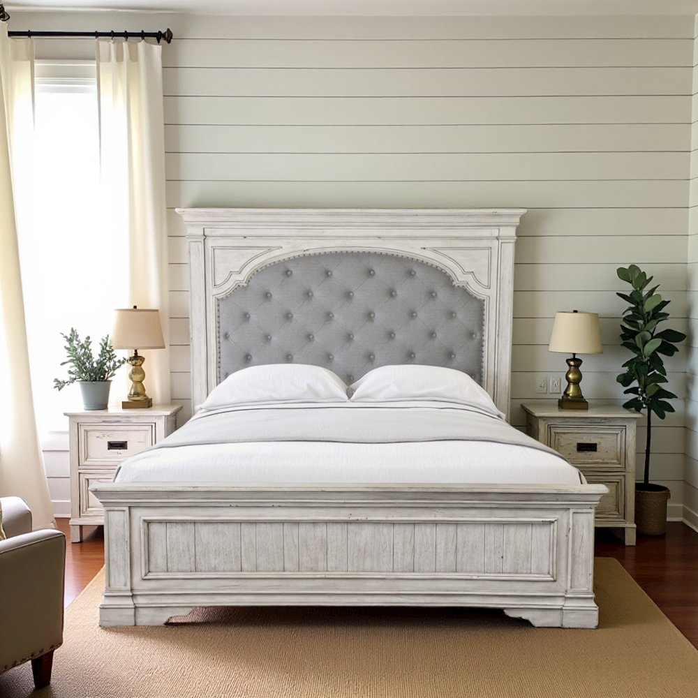 Rustic Ivory Queen Bed Frame with Upholstered Tufted Headboard and Panel Trim