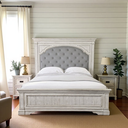 Rustic Ivory Queen Bed Frame with Upholstered Tufted Headboard and Panel Trim