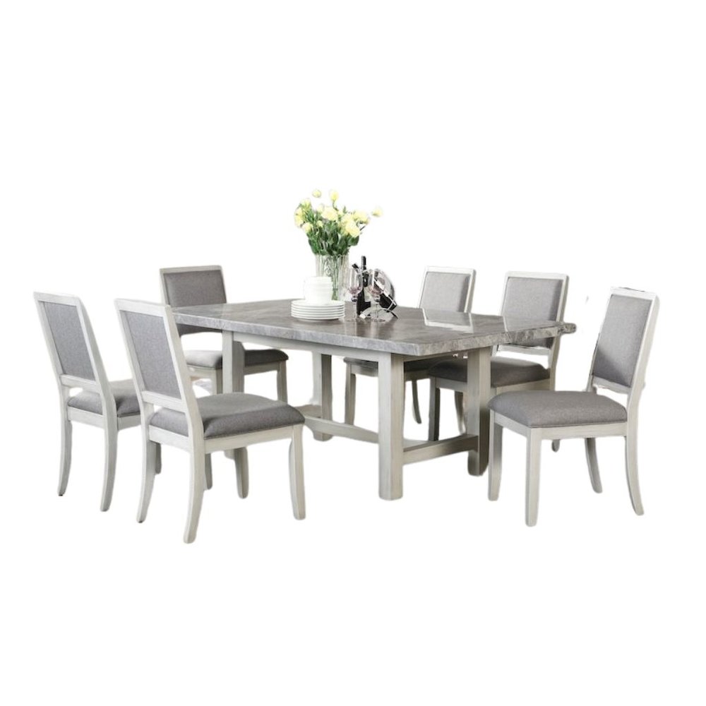 Marble Top Dining Set, 78 Inch Table, Upholstered Chairs, 7 Pieces