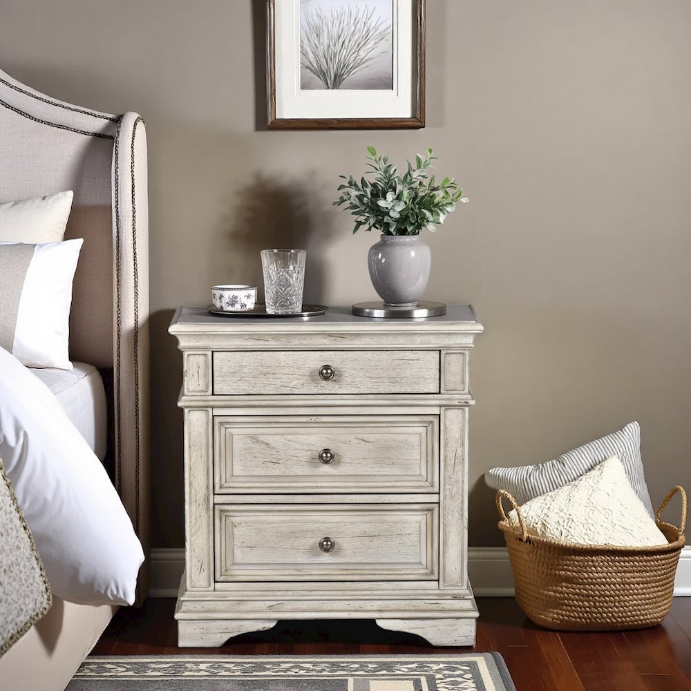 Rustic Ivory Finished 3 Drawer Nightstand - Bedside Table with Drawers