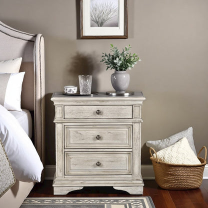 Rustic Ivory Finished 3 Drawer Nightstand - Bedside Table with Drawers