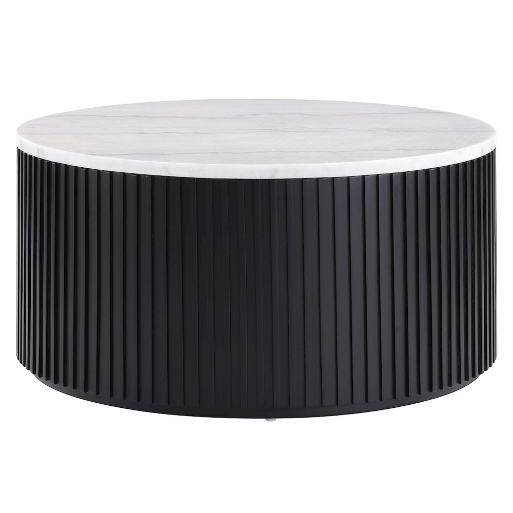 36" Round White Marble Top Coffee Table with Casters, Black Finish