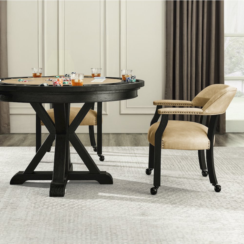 Rylie Dining Table with Game Top & 4 Captains Chairs, Sand Vegan Leather