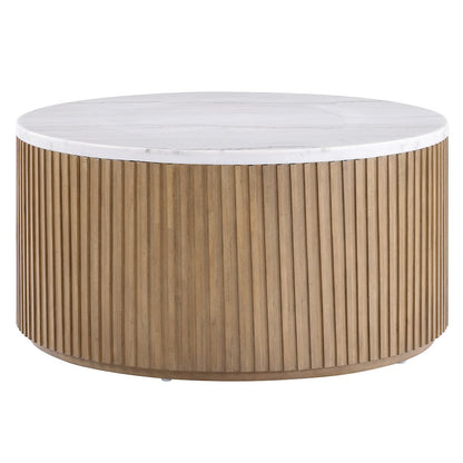 Colvin 36" Round White Marble Top Coffee Table, Toffee