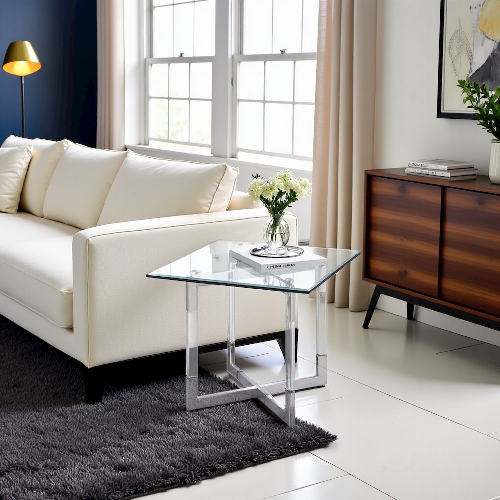 Acrylic Side Table with Glass Top - Modern Glass End Table
