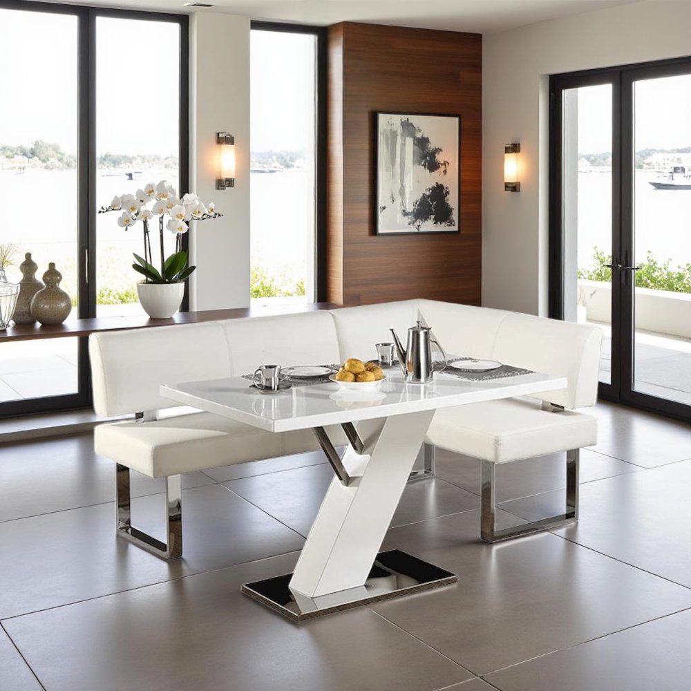 White Faux Leather Corner Dining Table with Kitchen Nook Bench Seating