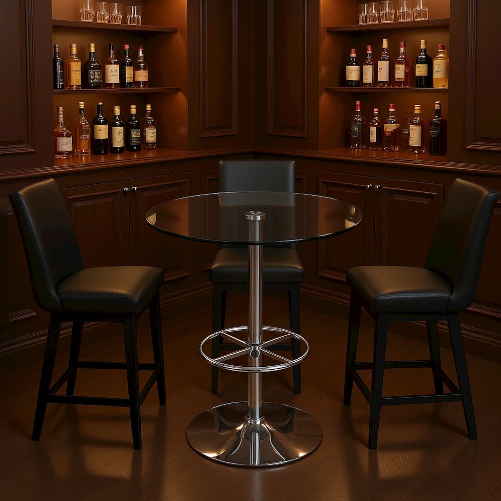 Glass Bar Table with Chrome Base – Counter Height Round Cocktail Table
