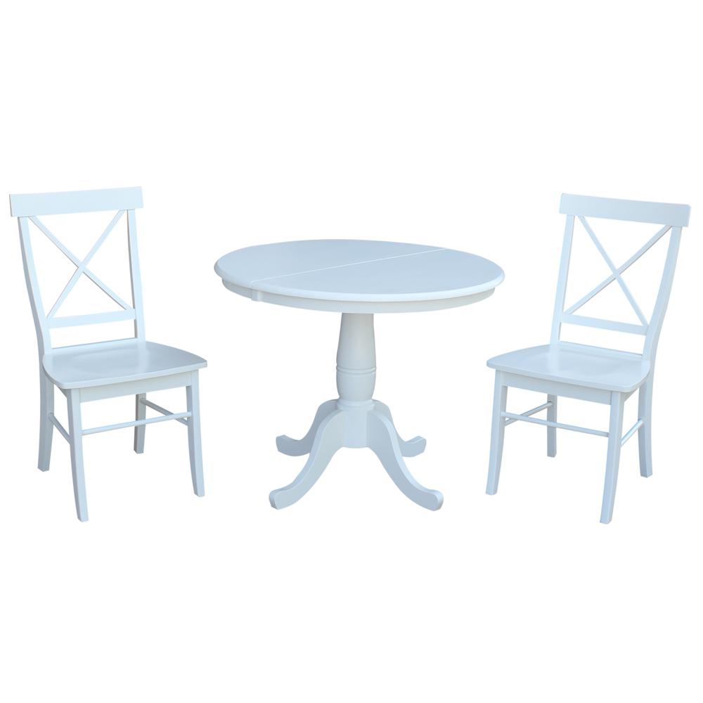 36" Round Extension Dining Table With 2 X-Back Chairs, White