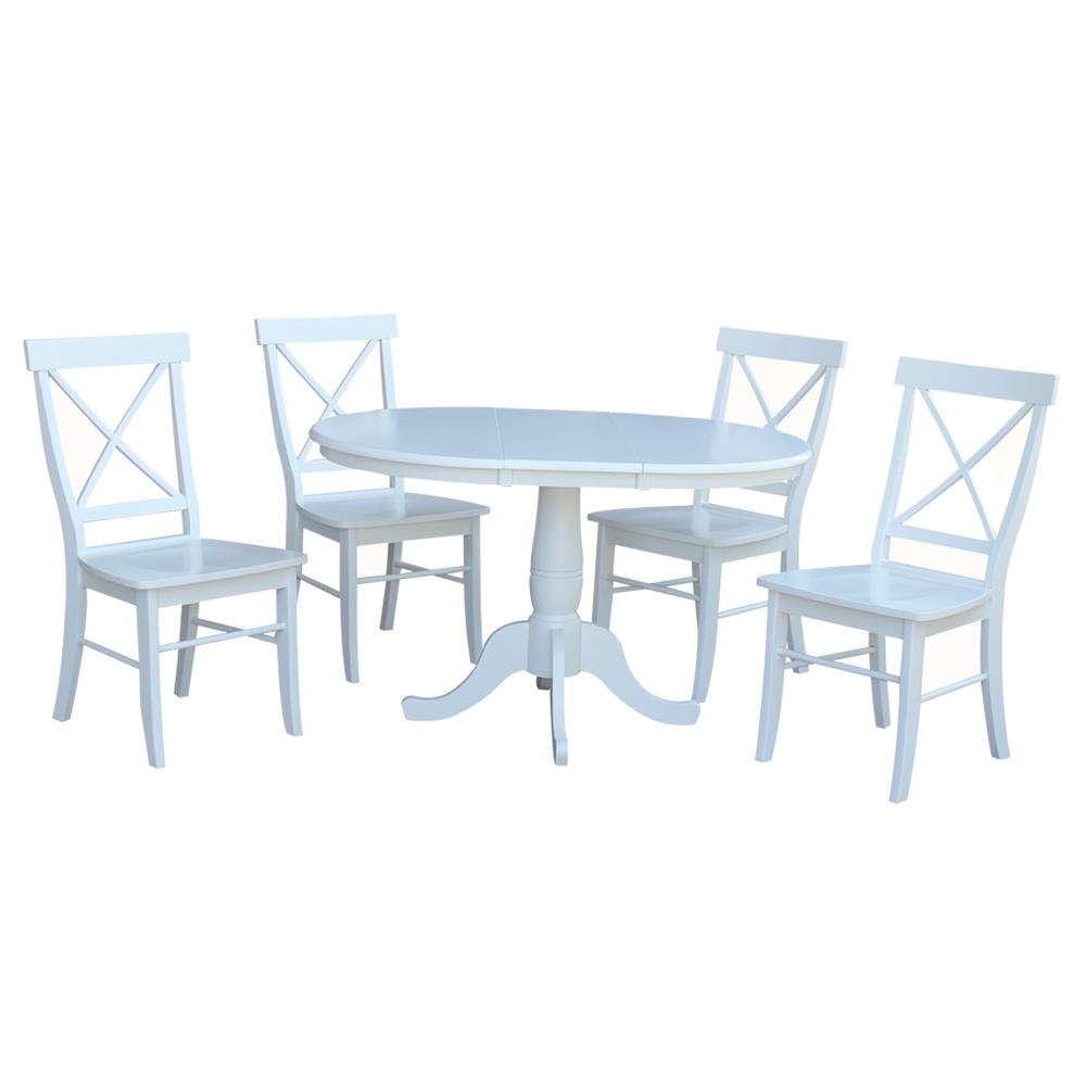 36" Round Extension Dining Table With 4 X-Back Chairs, White