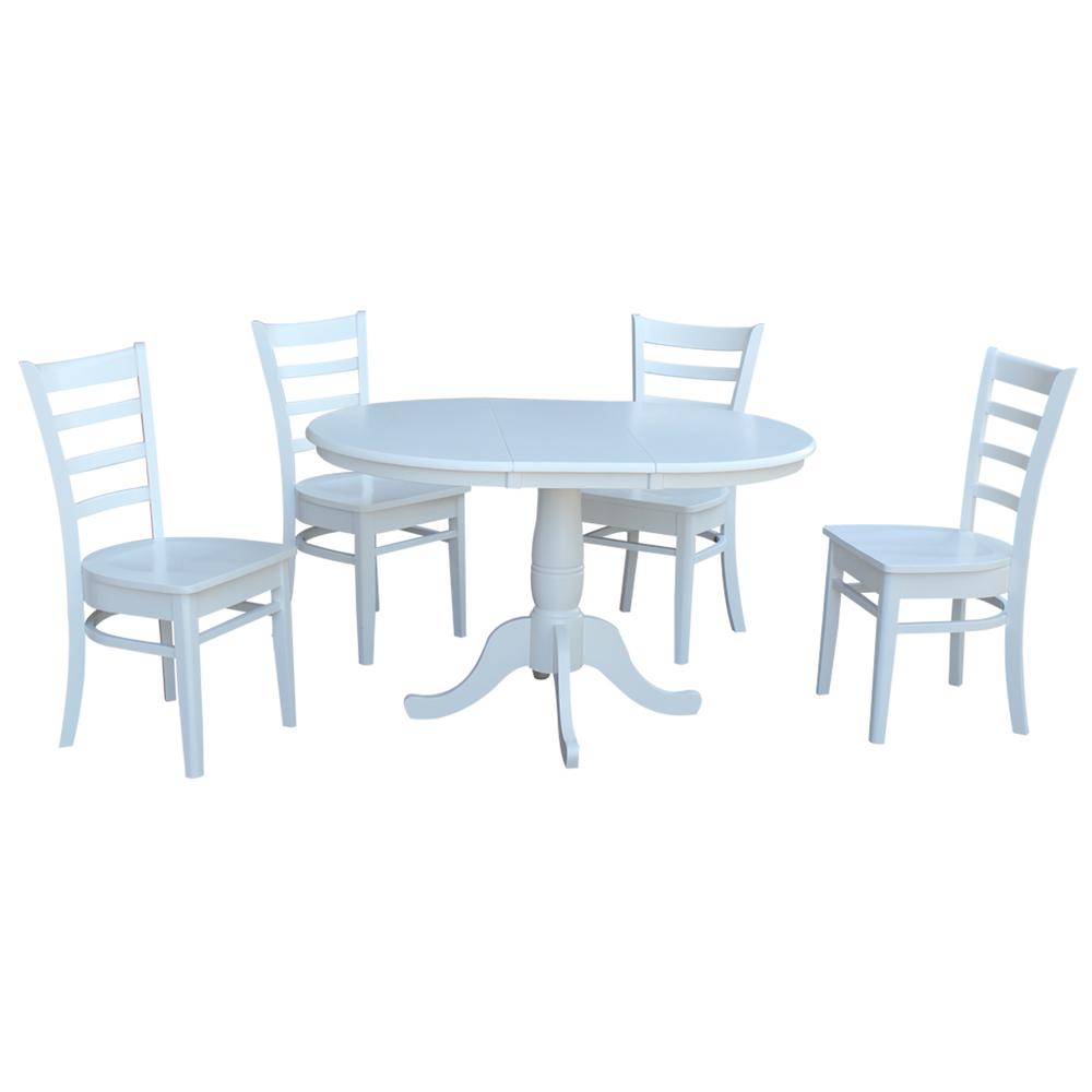 36" Round Extension Dining Table With 4 Emily Chairs, White