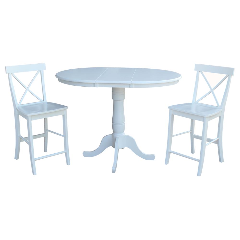 36" Round Extension Dining Table 36"H With 2 X-Back Counter height Stools, White