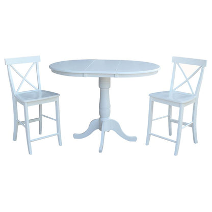 36" Round Extension Dining Table 36"H With 2 X-Back Counter height Stools, White