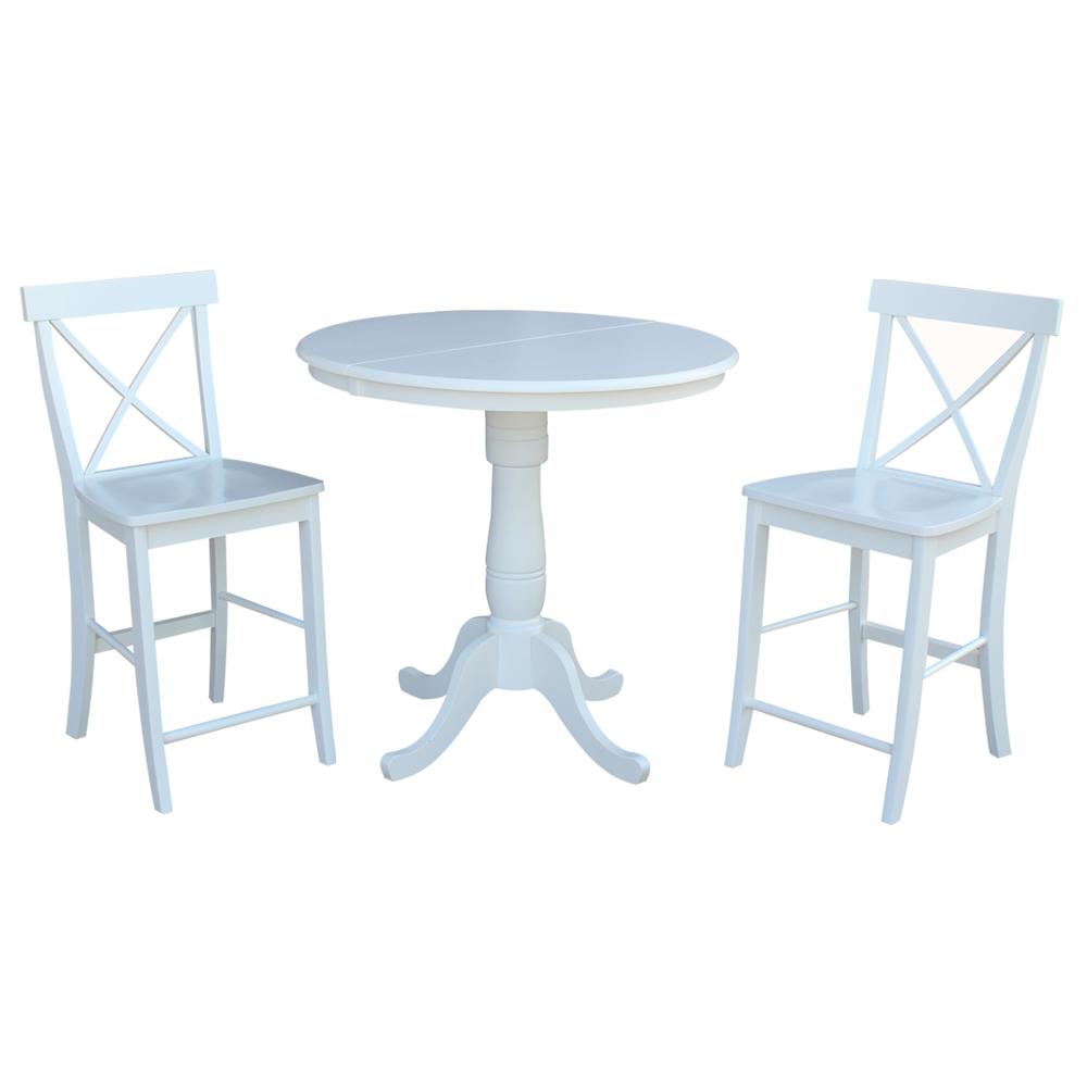 36" Round Extension Dining Table 36"H With 2 X-Back Counter height Stools, White