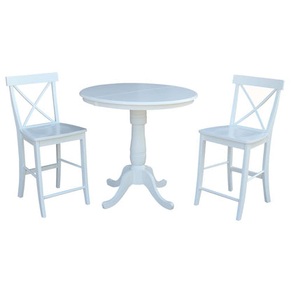 36" Round Extension Dining Table 36"H With 2 X-Back Counter height Stools, White