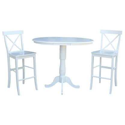 36" Round Extension Dining Table 40.9"H With 2 X-Back Bar height Stools, White