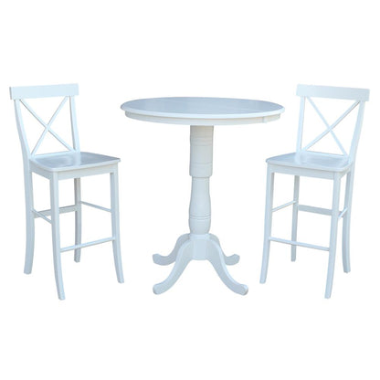 36" Round Extension Dining Table 40.9"H With 2 X-Back Bar height Stools, White