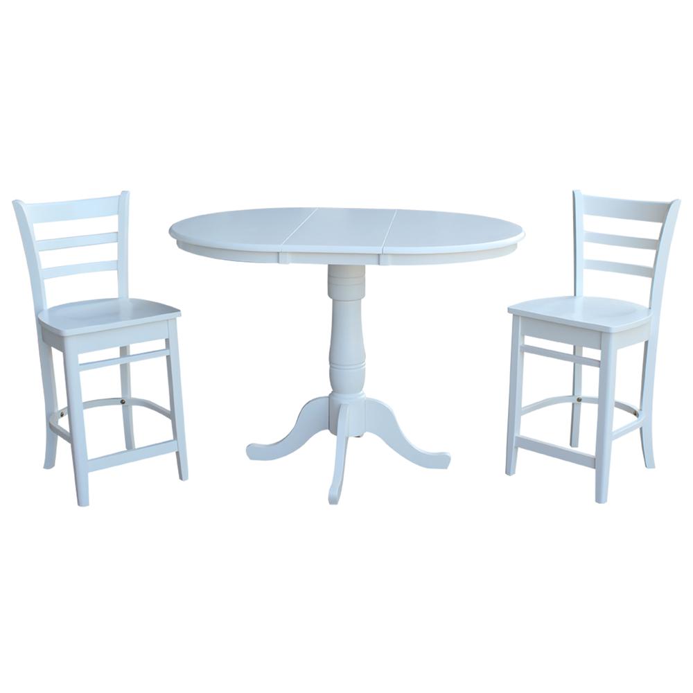 36" Round Extension Dining Table 34.9"H With 2 Emily Counter height Stools, White