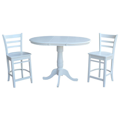 36" Round Extension Dining Table 34.9"H With 2 Emily Counter height Stools, White