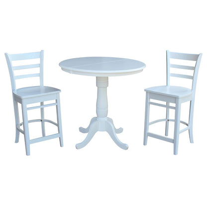 36" Round Extension Dining Table 34.9"H With 2 Emily Counter height Stools, White