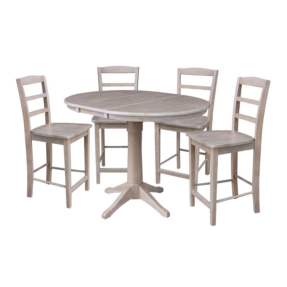 36" Round Top Pedestal Table With 12" Leaf - 28.9"H - Dining Height, Washed Gray Taupe