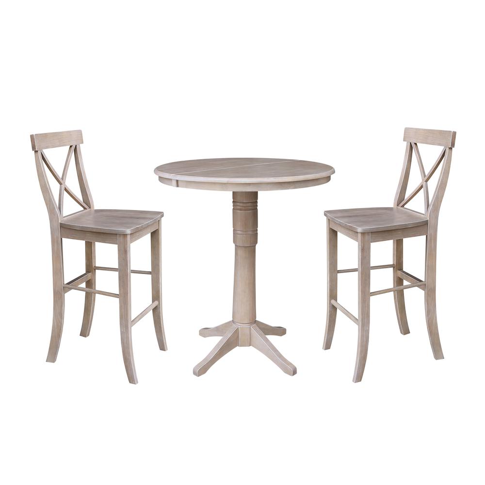 36" Round Top Pedestal Table With 12" Leaf - 28.9"H - Dining Height, Washed Gray Taupe