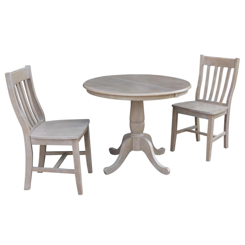 36" Round Extension Dining Table With 2 Cafe Chairs, Washed Gray Taupe