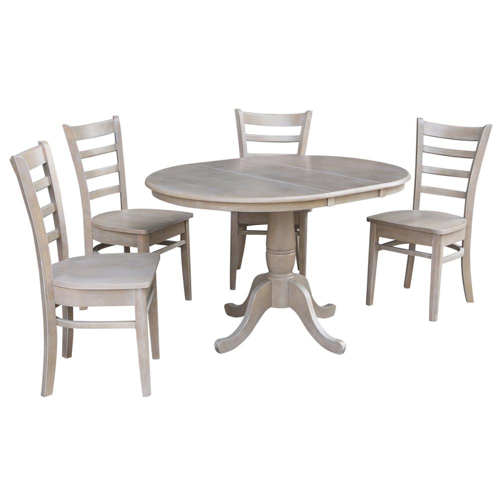 36" Round Extension Dining Table With 4 Emily Chairs, Washed Gray Taupe