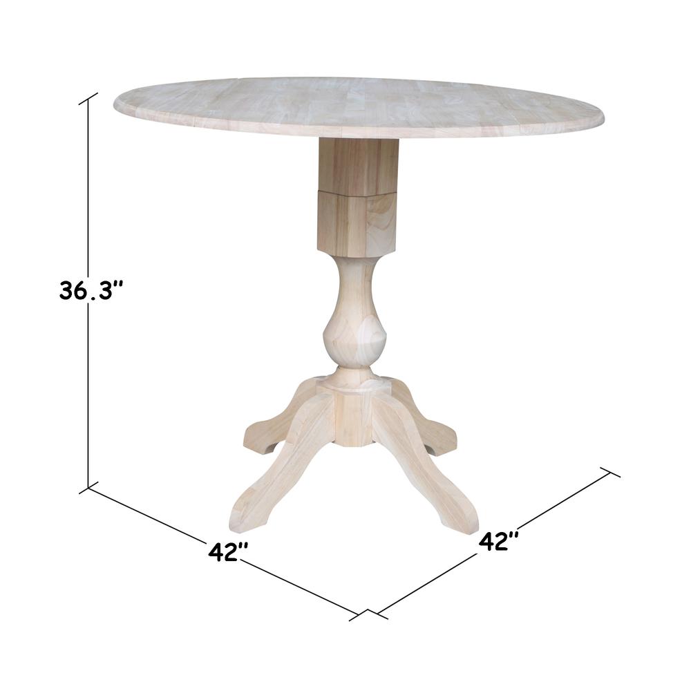 42" Round Pedestal Gathering Height Table with Two Counter Height Stools, Unfinished, Ready to finish